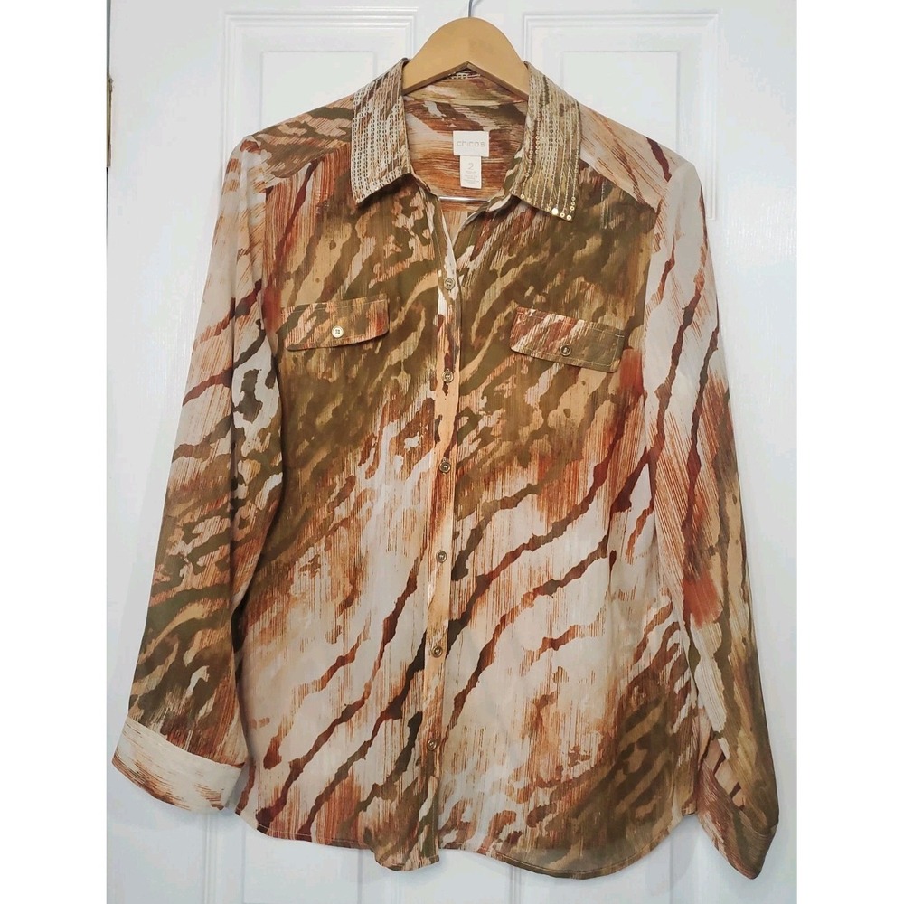 Chico's Animal Print Gold Sequined Collar  Chiffon Sheer Blouse  Size 2 Large